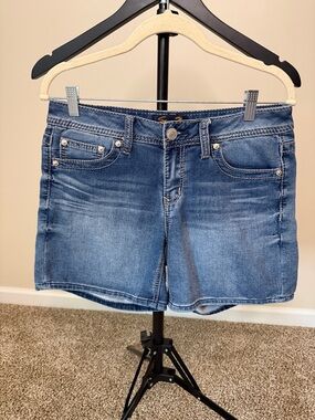 Seven7 Dark Blue Denim Shorts with Gold Logo Tag